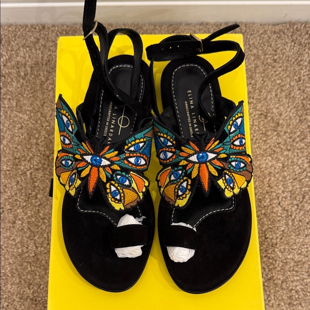 Elina Linardaki Butterfly Embroidered Suede Sandals NEW Size 38 (Fits 37)
